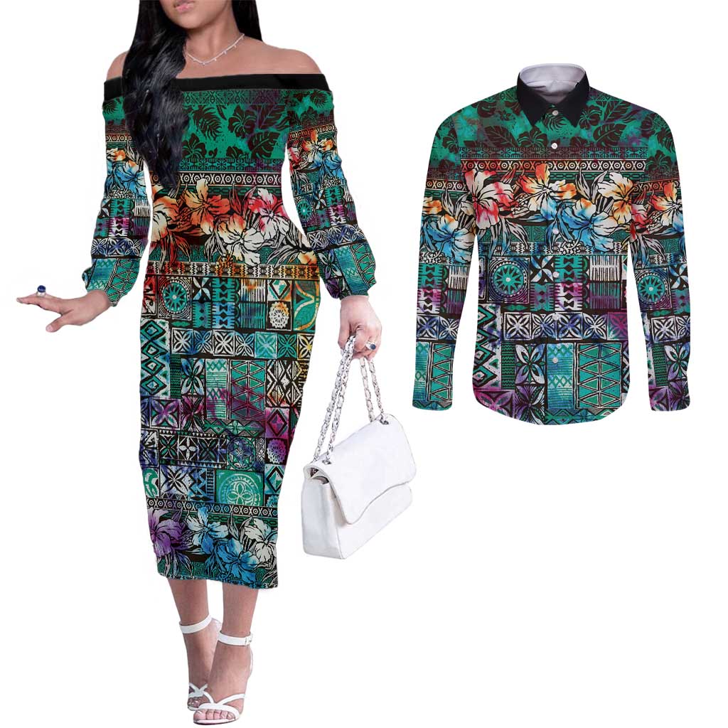Pacific Hibiscus Tapa Tribal Vintage Couples Matching Off The Shoulder Long Sleeve Dress and Long Sleeve Button Shirt Turquoise Motif LT9 Turquoise - Polynesian Pride