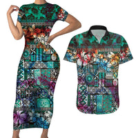 Pacific Hibiscus Tapa Tribal Vintage Couples Matching Short Sleeve Bodycon Dress and Hawaiian Shirt Turquoise Motif LT9 Turquoise - Polynesian Pride