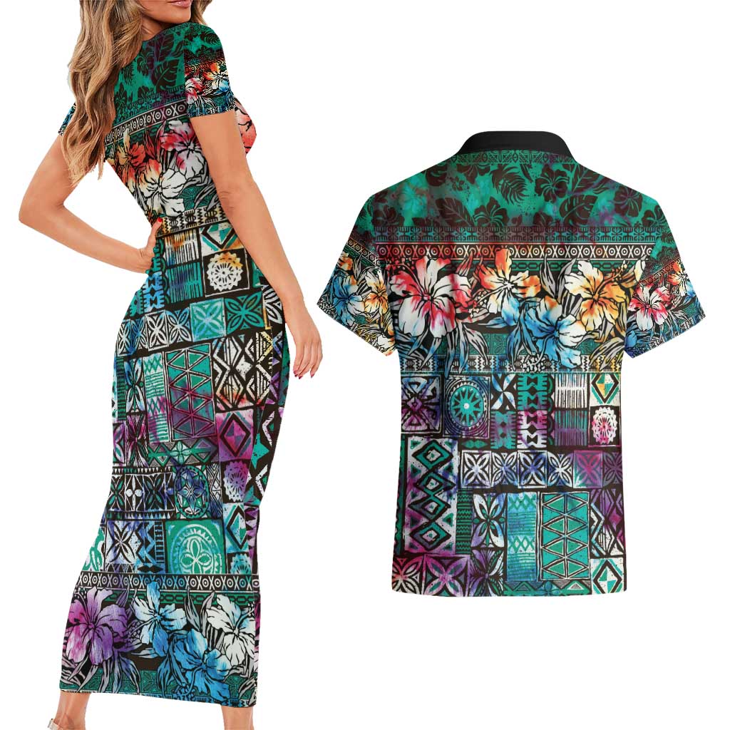 Pacific Hibiscus Tapa Tribal Vintage Couples Matching Short Sleeve Bodycon Dress and Hawaiian Shirt Turquoise Motif LT9 - Polynesian Pride