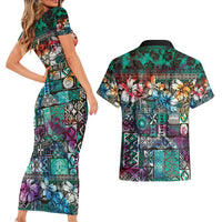 Pacific Hibiscus Tapa Tribal Vintage Couples Matching Short Sleeve Bodycon Dress and Hawaiian Shirt Turquoise Motif LT9 - Polynesian Pride