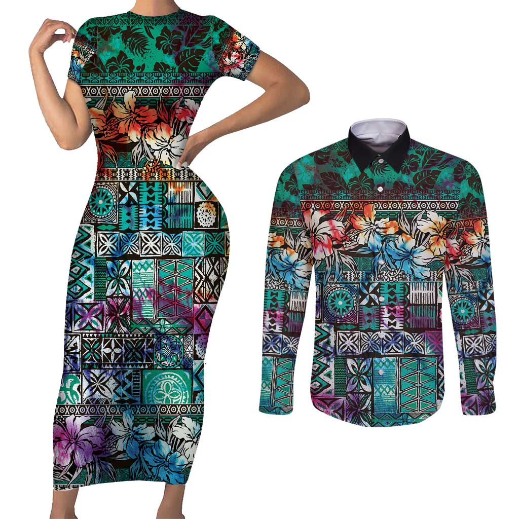 Pacific Hibiscus Tapa Tribal Vintage Couples Matching Short Sleeve Bodycon Dress and Long Sleeve Button Shirt Turquoise Motif LT9 Turquoise - Polynesian Pride