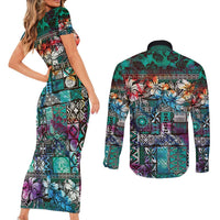Pacific Hibiscus Tapa Tribal Vintage Couples Matching Short Sleeve Bodycon Dress and Long Sleeve Button Shirt Turquoise Motif LT9 - Polynesian Pride