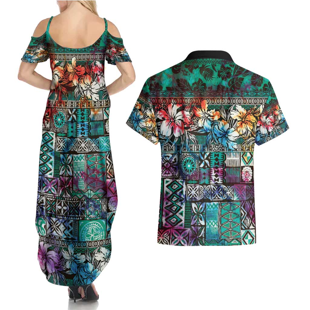 Pacific Hibiscus Tapa Tribal Vintage Couples Matching Summer Maxi Dress and Hawaiian Shirt Turquoise Motif LT9 - Polynesian Pride