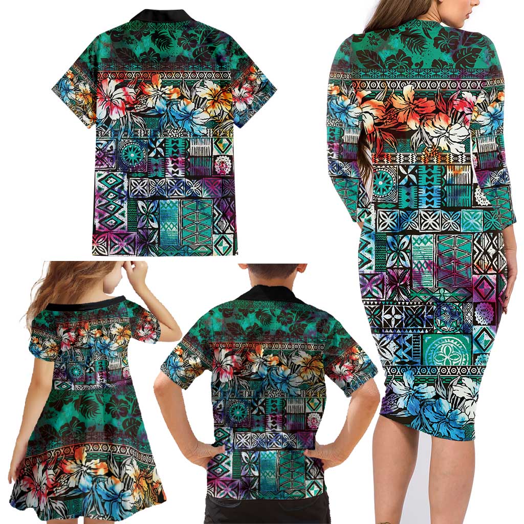 Pacific Hibiscus Tapa Tribal Vintage Family Matching Long Sleeve Bodycon Dress and Hawaiian Shirt Turquoise Motif LT9 - Polynesian Pride