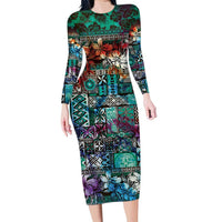 Pacific Hibiscus Tapa Tribal Vintage Family Matching Long Sleeve Bodycon Dress and Hawaiian Shirt Turquoise Motif LT9 Mom's Dress Turquoise - Polynesian Pride