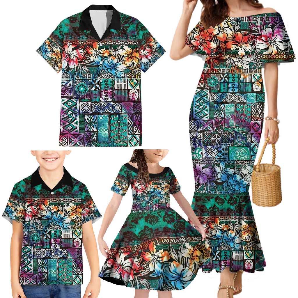 Pacific Hibiscus Tapa Tribal Vintage Family Matching Mermaid Dress and Hawaiian Shirt Turquoise Motif LT9 - Polynesian Pride