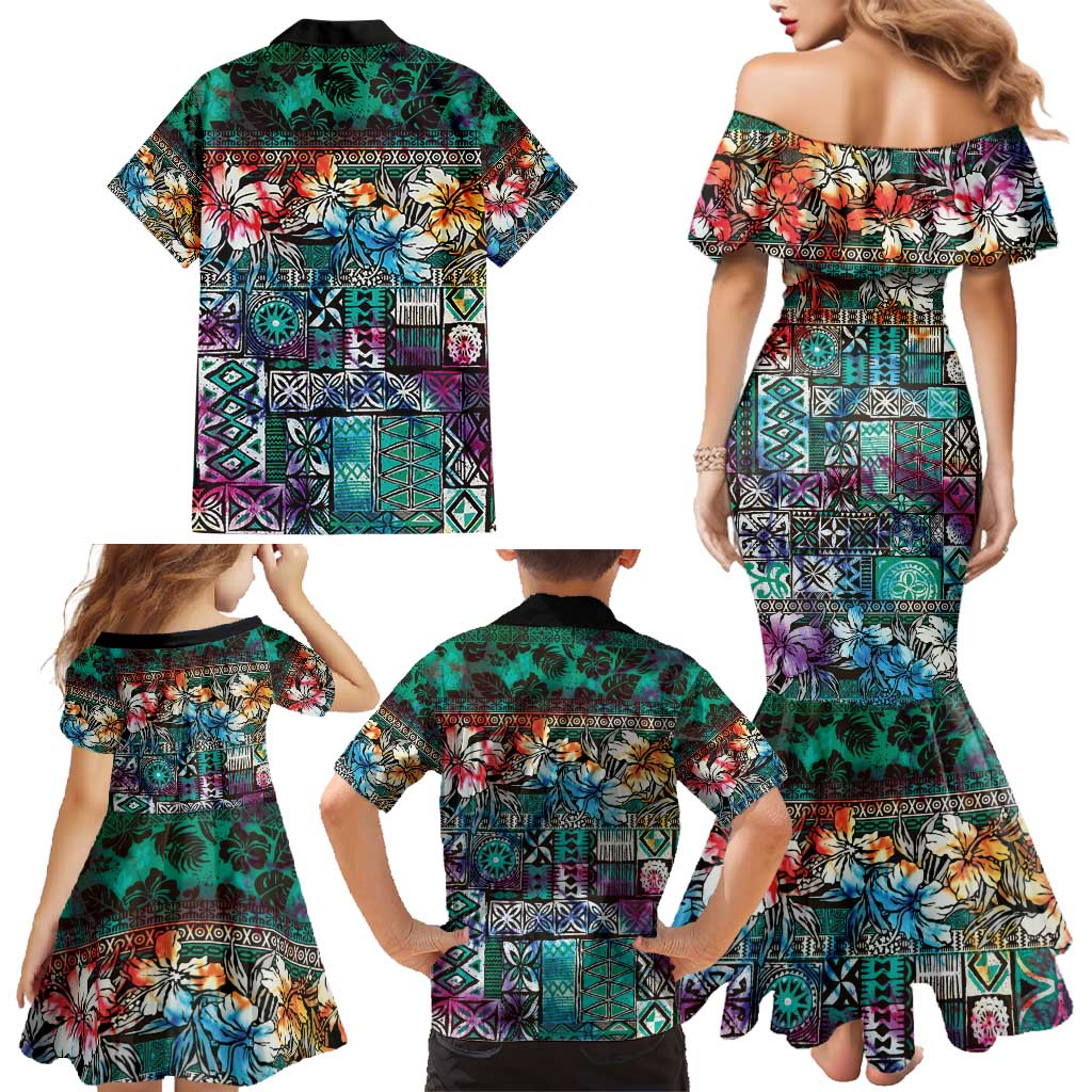Pacific Hibiscus Tapa Tribal Vintage Family Matching Mermaid Dress and Hawaiian Shirt Turquoise Motif LT9 - Polynesian Pride