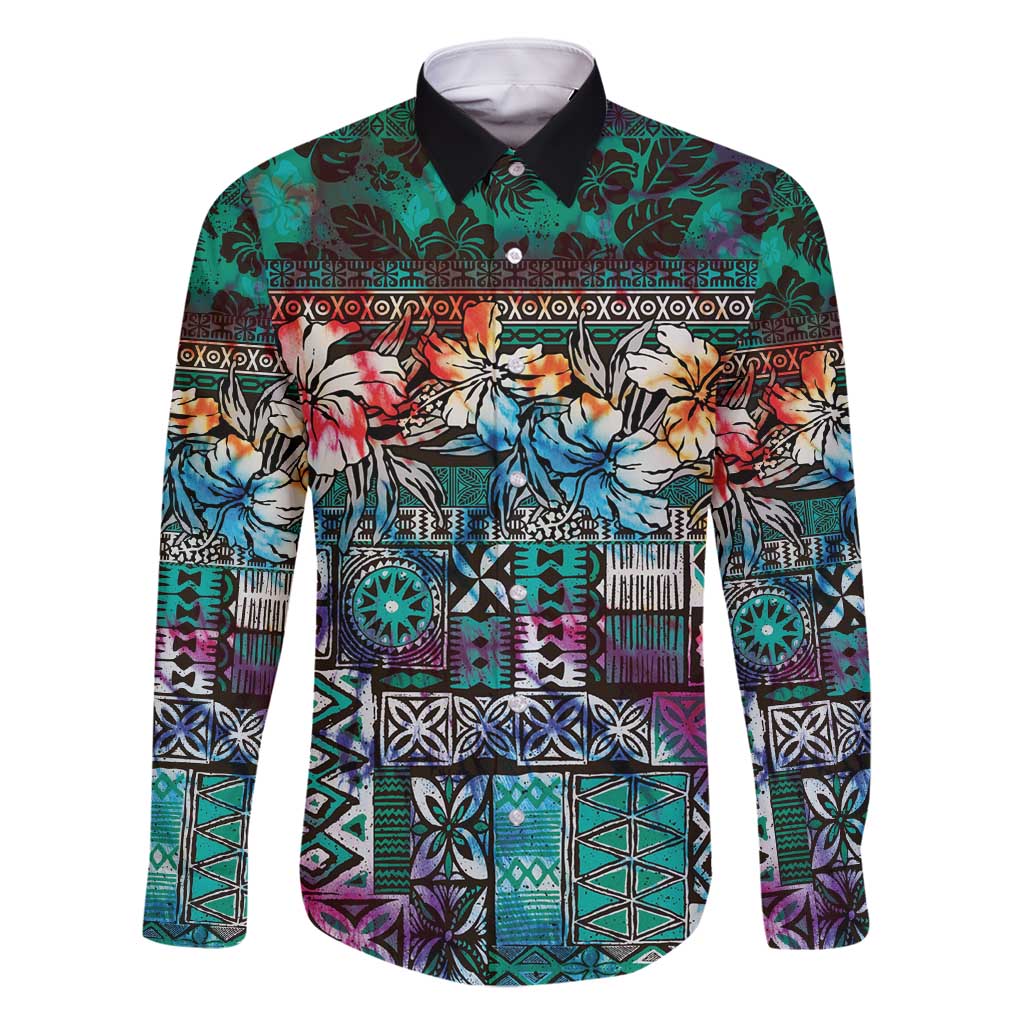 Pacific Hibiscus Tapa Tribal Vintage Family Matching Mermaid Dress and Hawaiian Shirt Turquoise Motif LT9 Dad's Shirt - Long Sleeve Turquoise - Polynesian Pride