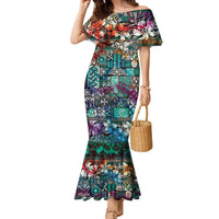 Pacific Hibiscus Tapa Tribal Vintage Family Matching Mermaid Dress and Hawaiian Shirt Turquoise Motif LT9 Mom's Dress Turquoise - Polynesian Pride