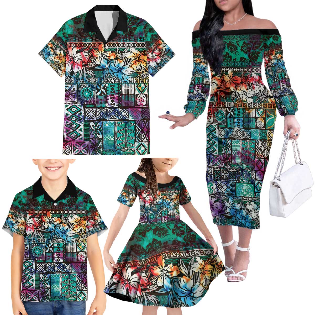 Pacific Hibiscus Tapa Tribal Vintage Family Matching Off The Shoulder Long Sleeve Dress and Hawaiian Shirt Turquoise Motif LT9 - Polynesian Pride
