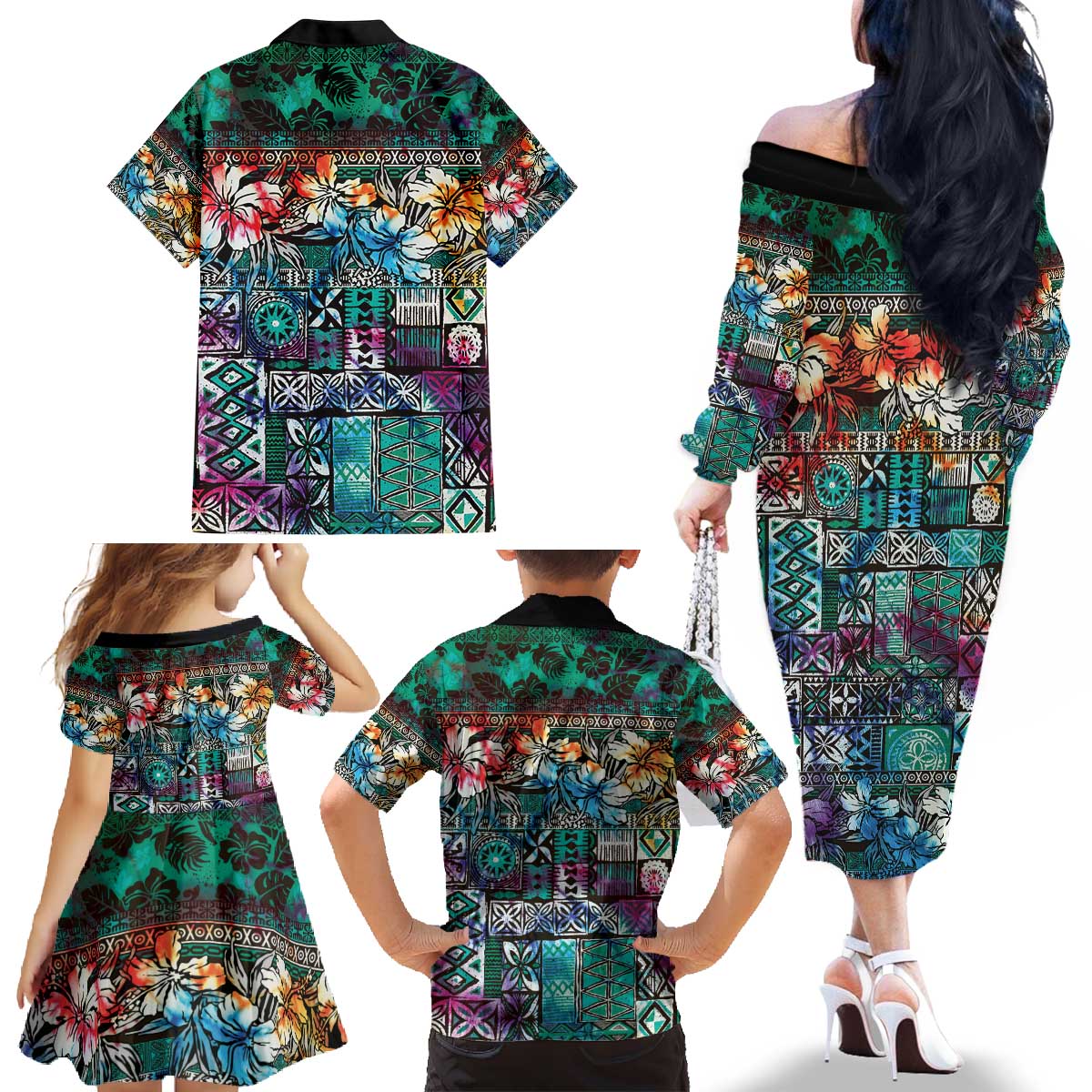 Pacific Hibiscus Tapa Tribal Vintage Family Matching Off The Shoulder Long Sleeve Dress and Hawaiian Shirt Turquoise Motif LT9 - Polynesian Pride