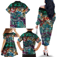 Pacific Hibiscus Tapa Tribal Vintage Family Matching Off The Shoulder Long Sleeve Dress and Hawaiian Shirt Turquoise Motif LT9 - Polynesian Pride
