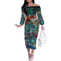 Pacific Hibiscus Tapa Tribal Vintage Family Matching Off The Shoulder Long Sleeve Dress and Hawaiian Shirt Turquoise Motif LT9 Mom's Dress Turquoise - Polynesian Pride