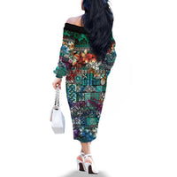 Pacific Hibiscus Tapa Tribal Vintage Family Matching Off The Shoulder Long Sleeve Dress and Hawaiian Shirt Turquoise Motif LT9 - Polynesian Pride