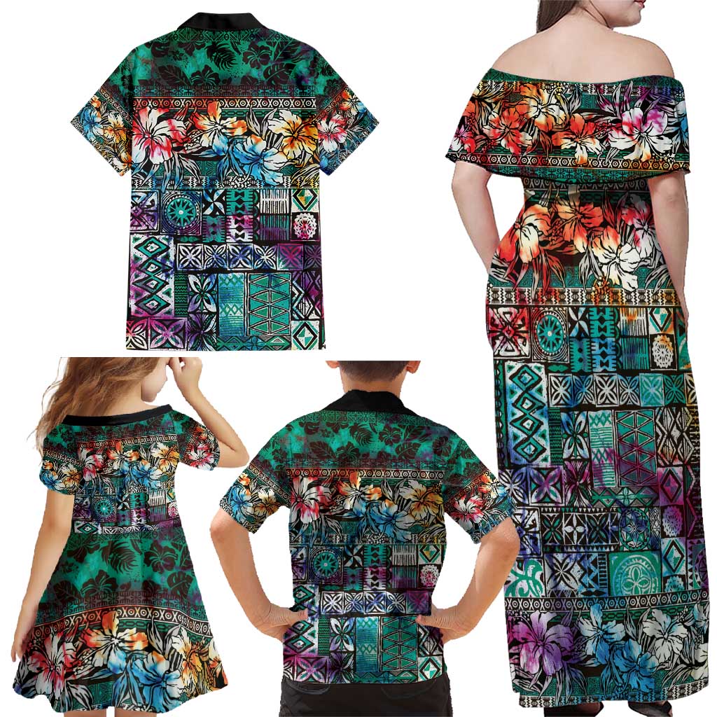 Pacific Hibiscus Tapa Tribal Vintage Family Matching Off Shoulder Maxi Dress and Hawaiian Shirt Turquoise Motif LT9 - Polynesian Pride
