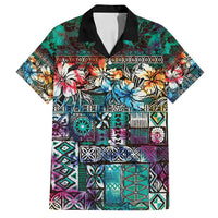 Pacific Hibiscus Tapa Tribal Vintage Family Matching Off Shoulder Maxi Dress and Hawaiian Shirt Turquoise Motif LT9 Dad's Shirt - Short Sleeve Turquoise - Polynesian Pride