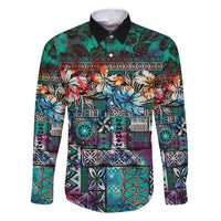 Pacific Hibiscus Tapa Tribal Vintage Family Matching Off Shoulder Maxi Dress and Hawaiian Shirt Turquoise Motif LT9 Dad's Shirt - Long Sleeve Turquoise - Polynesian Pride