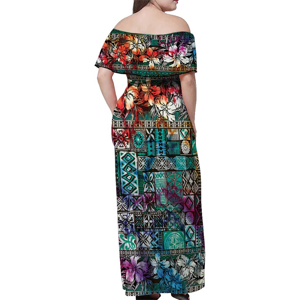 Pacific Hibiscus Tapa Tribal Vintage Family Matching Off Shoulder Maxi Dress and Hawaiian Shirt Turquoise Motif LT9 - Polynesian Pride