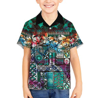 Pacific Hibiscus Tapa Tribal Vintage Family Matching Off Shoulder Maxi Dress and Hawaiian Shirt Turquoise Motif LT9 Son's Shirt Turquoise - Polynesian Pride