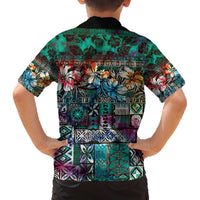 Pacific Hibiscus Tapa Tribal Vintage Family Matching Off Shoulder Short Dress and Hawaiian Shirt Turquoise Motif LT9 - Polynesian Pride
