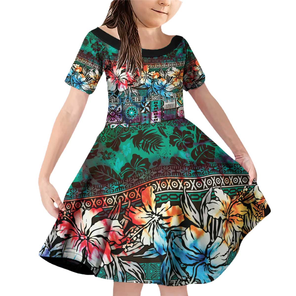 Pacific Hibiscus Tapa Tribal Vintage Family Matching Off Shoulder Short Dress and Hawaiian Shirt Turquoise Motif LT9 Daughter's Dress Turquoise - Polynesian Pride