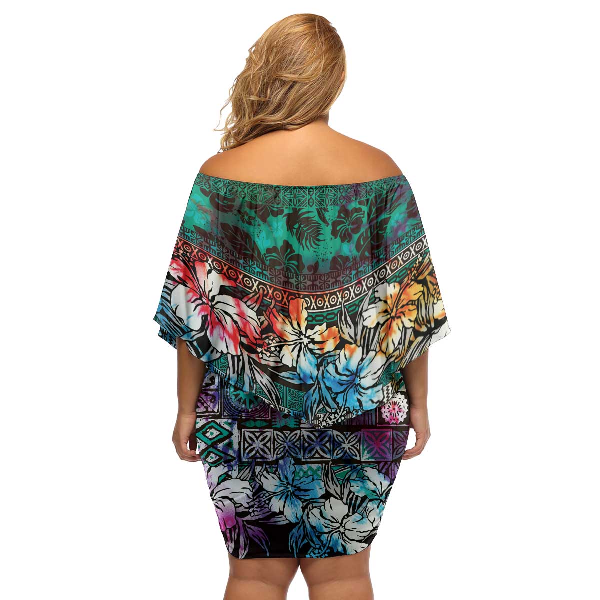Pacific Hibiscus Tapa Tribal Vintage Family Matching Off Shoulder Short Dress and Hawaiian Shirt Turquoise Motif LT9 - Polynesian Pride
