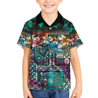 Pacific Hibiscus Tapa Tribal Vintage Family Matching Off Shoulder Short Dress and Hawaiian Shirt Turquoise Motif LT9 Son's Shirt Turquoise - Polynesian Pride