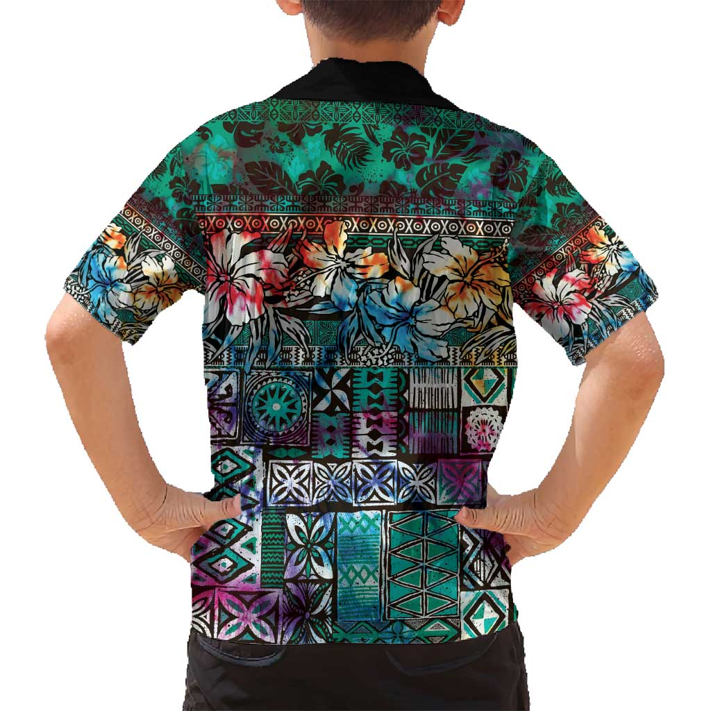 Pacific Hibiscus Tapa Tribal Vintage Family Matching Puletasi and Hawaiian Shirt Turquoise Motif LT9 - Polynesian Pride
