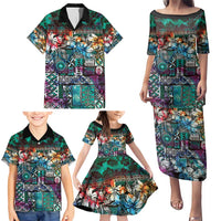 Pacific Hibiscus Tapa Tribal Vintage Family Matching Puletasi and Hawaiian Shirt Turquoise Motif LT9 - Polynesian Pride