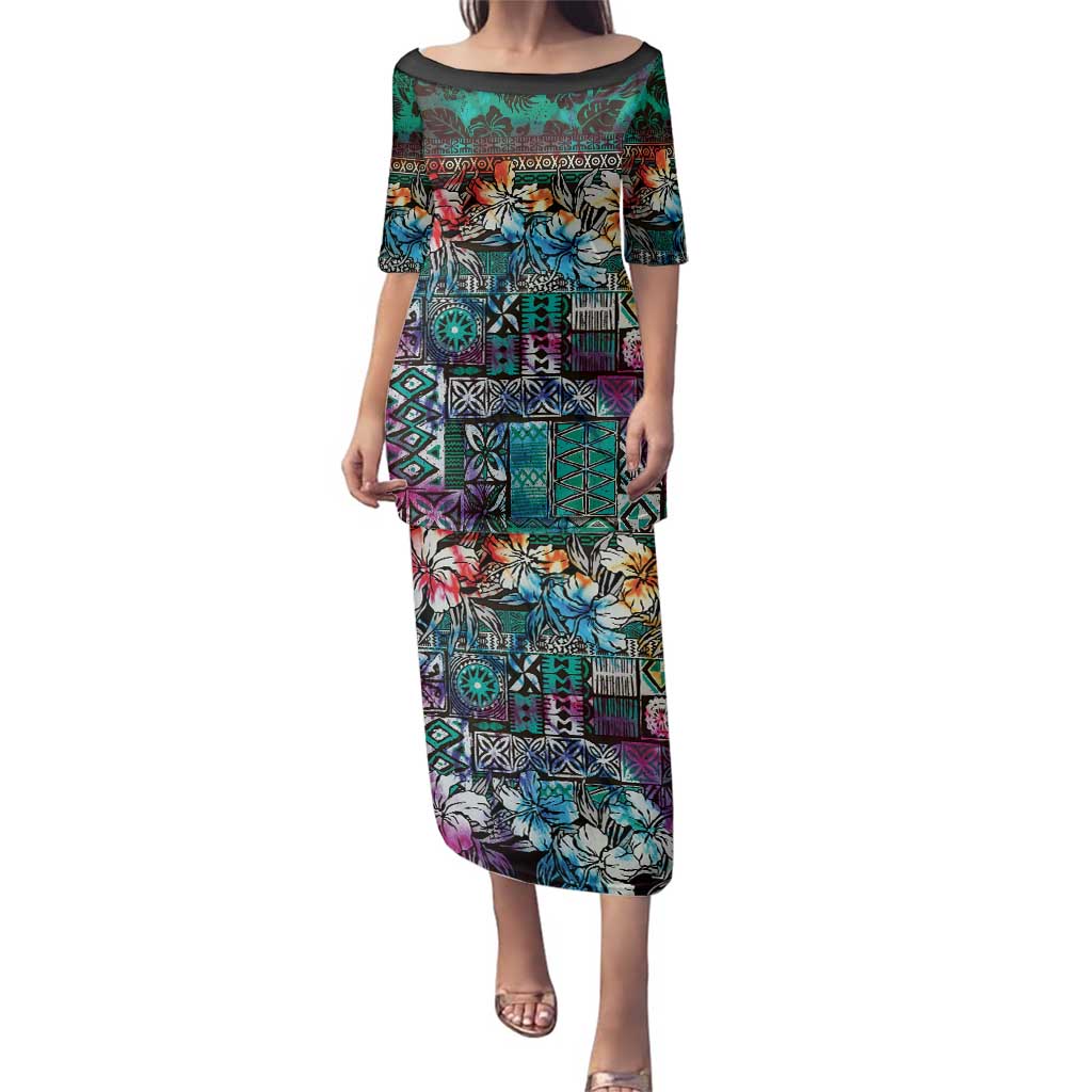 Pacific Hibiscus Tapa Tribal Vintage Family Matching Puletasi and Hawaiian Shirt Turquoise Motif LT9 Mom's Dress Turquoise - Polynesian Pride