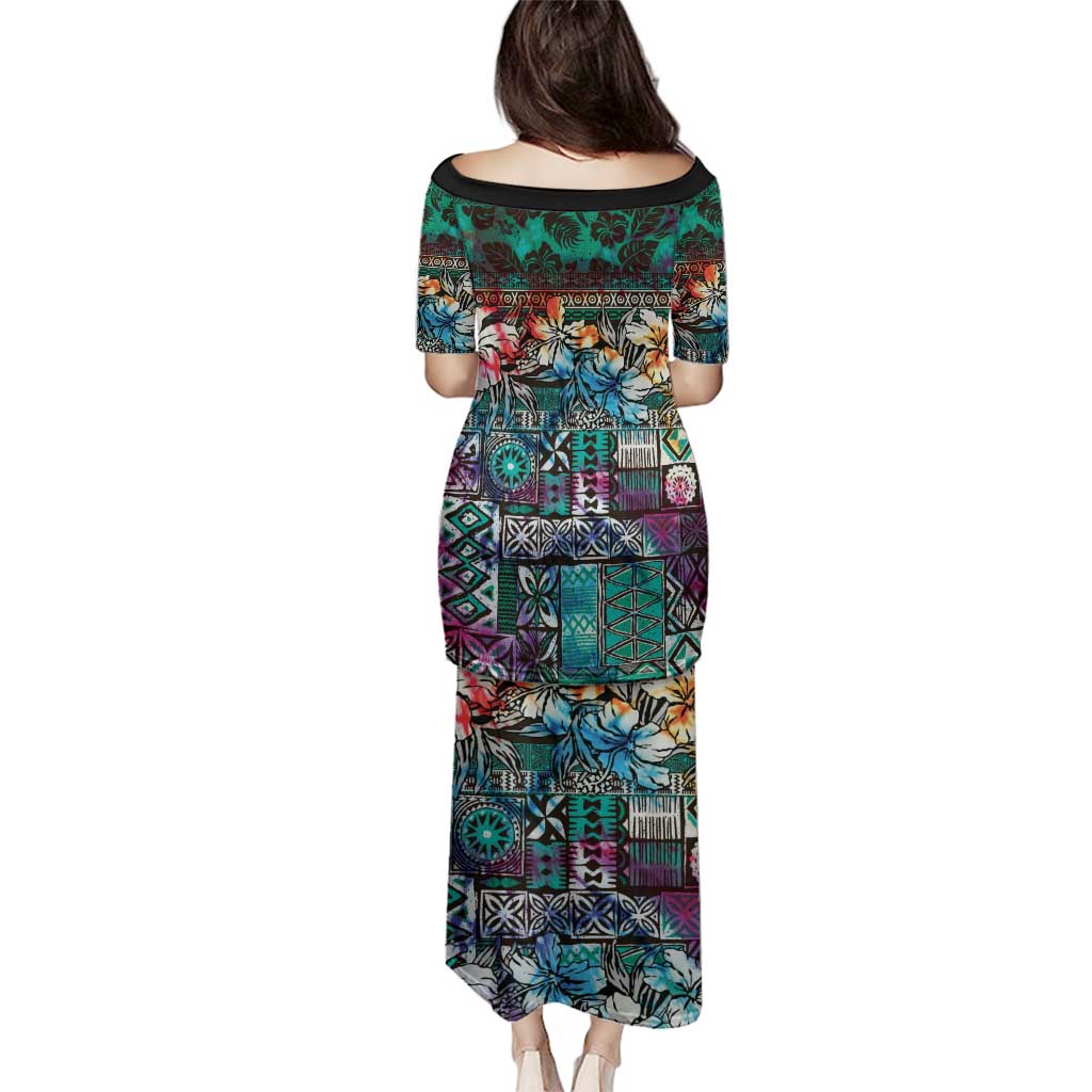 Pacific Hibiscus Tapa Tribal Vintage Family Matching Puletasi and Hawaiian Shirt Turquoise Motif LT9 - Polynesian Pride
