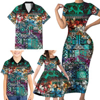 Pacific Hibiscus Tapa Tribal Vintage Family Matching Short Sleeve Bodycon Dress and Hawaiian Shirt Turquoise Motif LT9 - Polynesian Pride