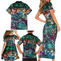 Pacific Hibiscus Tapa Tribal Vintage Family Matching Short Sleeve Bodycon Dress and Hawaiian Shirt Turquoise Motif LT9 - Polynesian Pride
