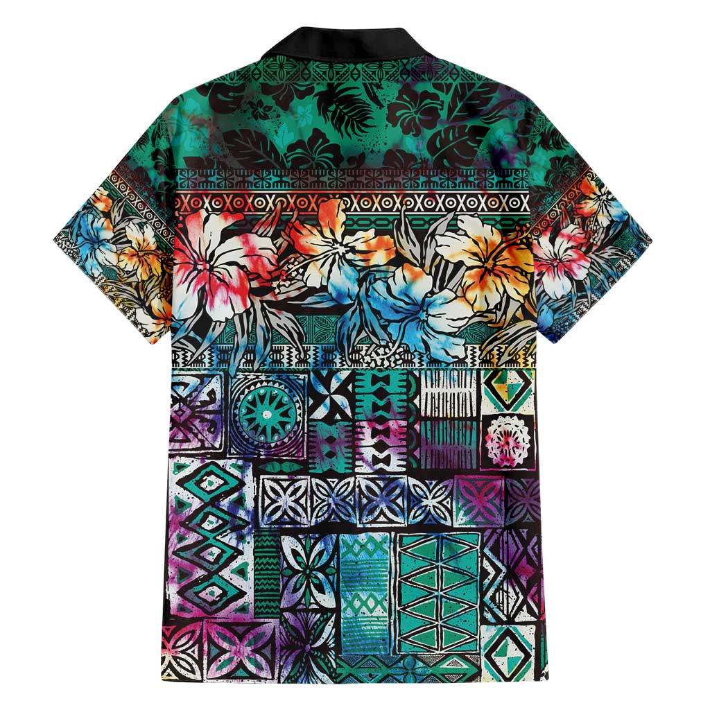 Pacific Hibiscus Tapa Tribal Vintage Family Matching Short Sleeve Bodycon Dress and Hawaiian Shirt Turquoise Motif LT9 - Polynesian Pride
