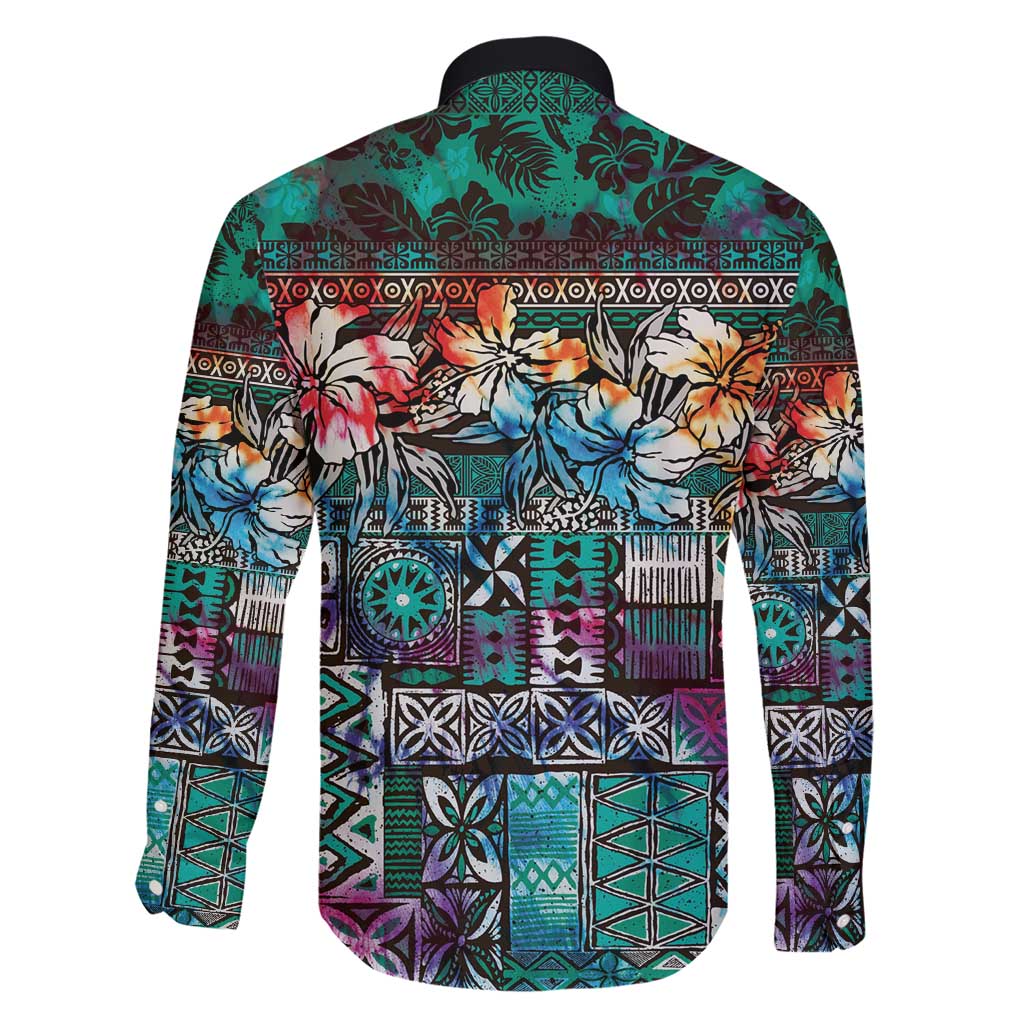 Pacific Hibiscus Tapa Tribal Vintage Family Matching Short Sleeve Bodycon Dress and Hawaiian Shirt Turquoise Motif LT9 - Polynesian Pride