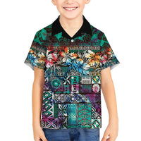 Pacific Hibiscus Tapa Tribal Vintage Family Matching Short Sleeve Bodycon Dress and Hawaiian Shirt Turquoise Motif LT9 Son's Shirt Turquoise - Polynesian Pride