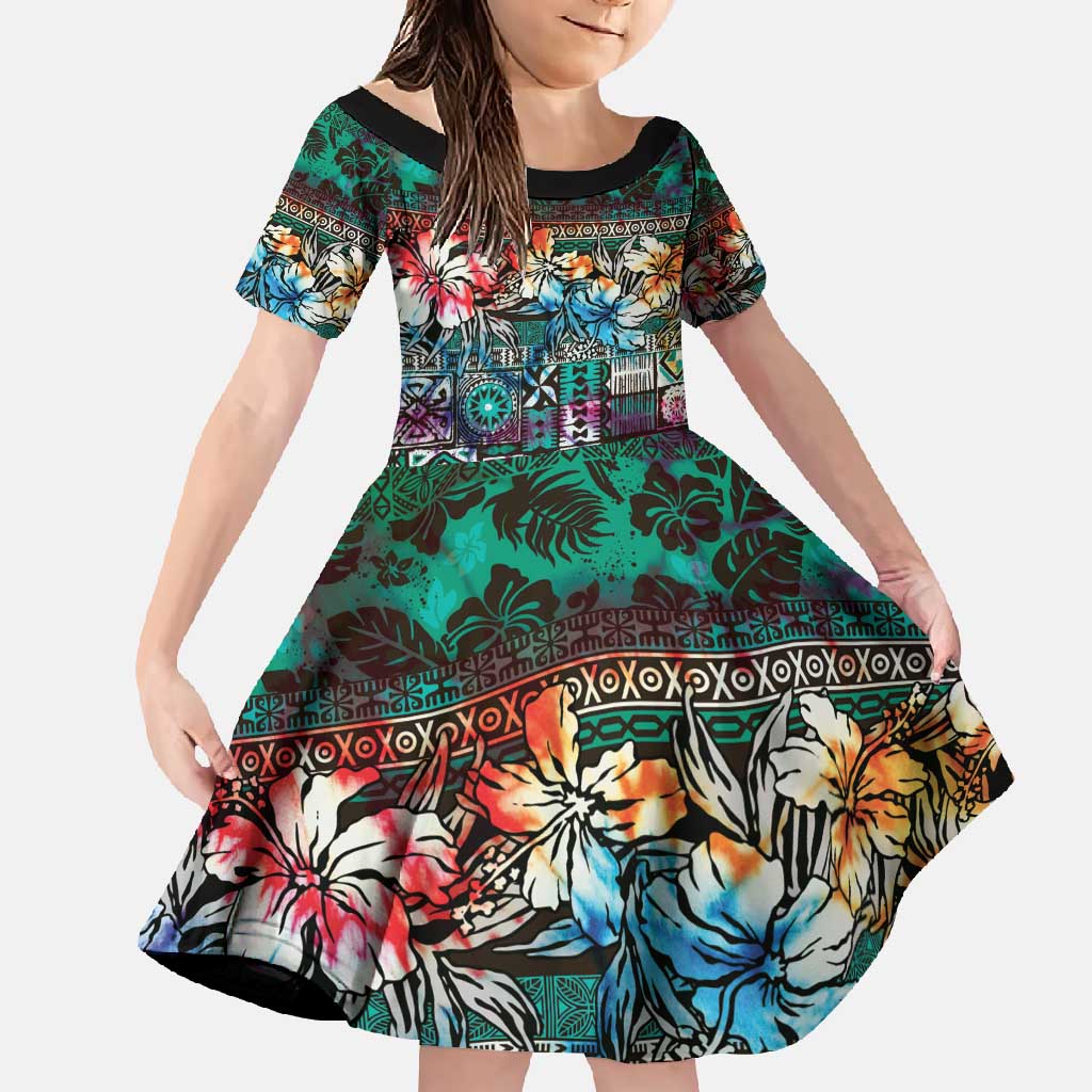 Pacific Hibiscus Tapa Tribal Vintage Family Matching Summer Maxi Dress and Hawaiian Shirt Turquoise Motif LT9 Daughter's Dress Turquoise - Polynesian Pride