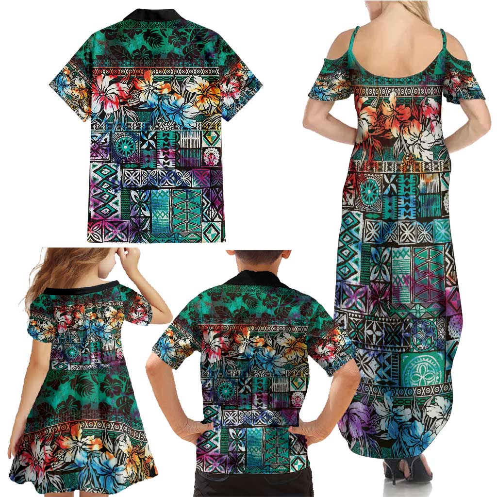 Pacific Hibiscus Tapa Tribal Vintage Family Matching Summer Maxi Dress and Hawaiian Shirt Turquoise Motif LT9 - Polynesian Pride