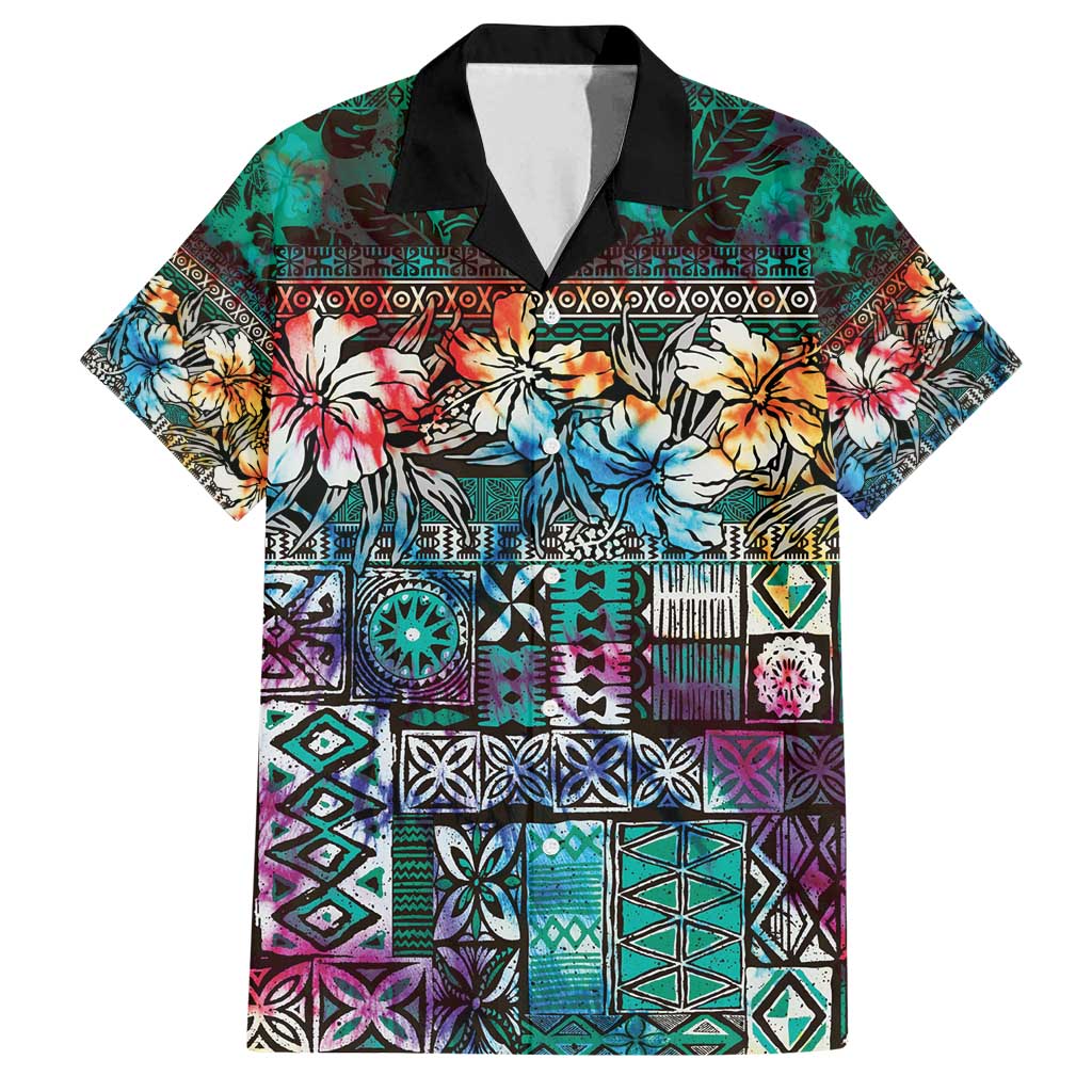 Pacific Hibiscus Tapa Tribal Vintage Family Matching Summer Maxi Dress and Hawaiian Shirt Turquoise Motif LT9 Dad's Shirt - Short Sleeve Turquoise - Polynesian Pride