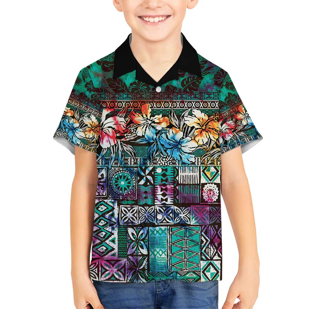Pacific Hibiscus Tapa Tribal Vintage Family Matching Summer Maxi Dress and Hawaiian Shirt Turquoise Motif LT9 Son's Shirt Turquoise - Polynesian Pride