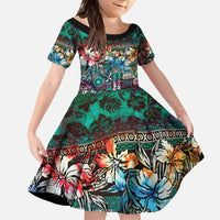 Pacific Hibiscus Tapa Tribal Vintage Family Matching Tank Maxi Dress and Hawaiian Shirt Turquoise Motif LT9 Daughter's Dress Turquoise - Polynesian Pride
