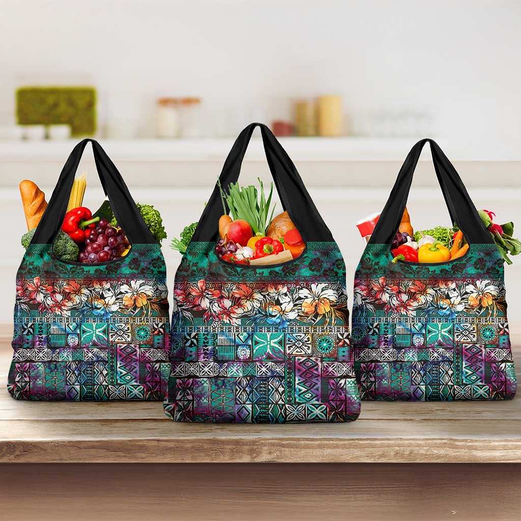 Pacific Hibiscus Tapa Tribal Vintage Grocery Bag Turquoise Motif