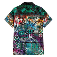 Pacific Hibiscus Tapa Tribal Vintage Hawaiian Shirt Turquoise Motif