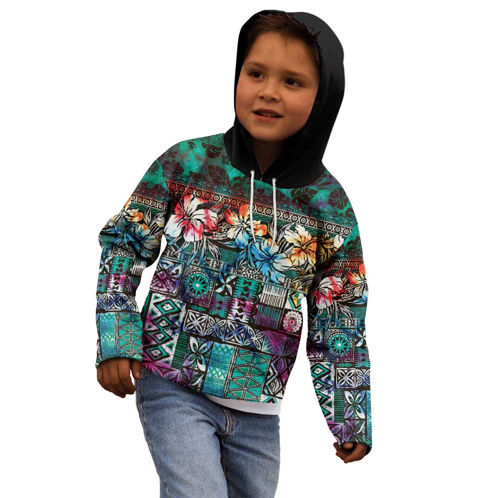 Pacific Hibiscus Tapa Tribal Vintage Kid Hoodie Turquoise Motif