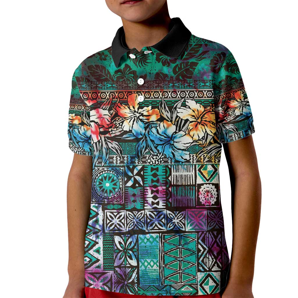 Pacific Hibiscus Tapa Tribal Vintage Kid Polo Shirt Turquoise Motif