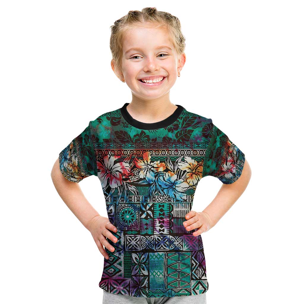 Pacific Hibiscus Tapa Tribal Vintage Kid T Shirt Turquoise Motif