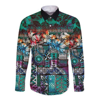 Pacific Hibiscus Tapa Tribal Vintage Long Sleeve Button Shirt Turquoise Motif LT9 Unisex Turquoise - Polynesian Pride