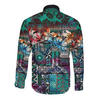 Pacific Hibiscus Tapa Tribal Vintage Long Sleeve Button Shirt Turquoise Motif LT9 - Polynesian Pride