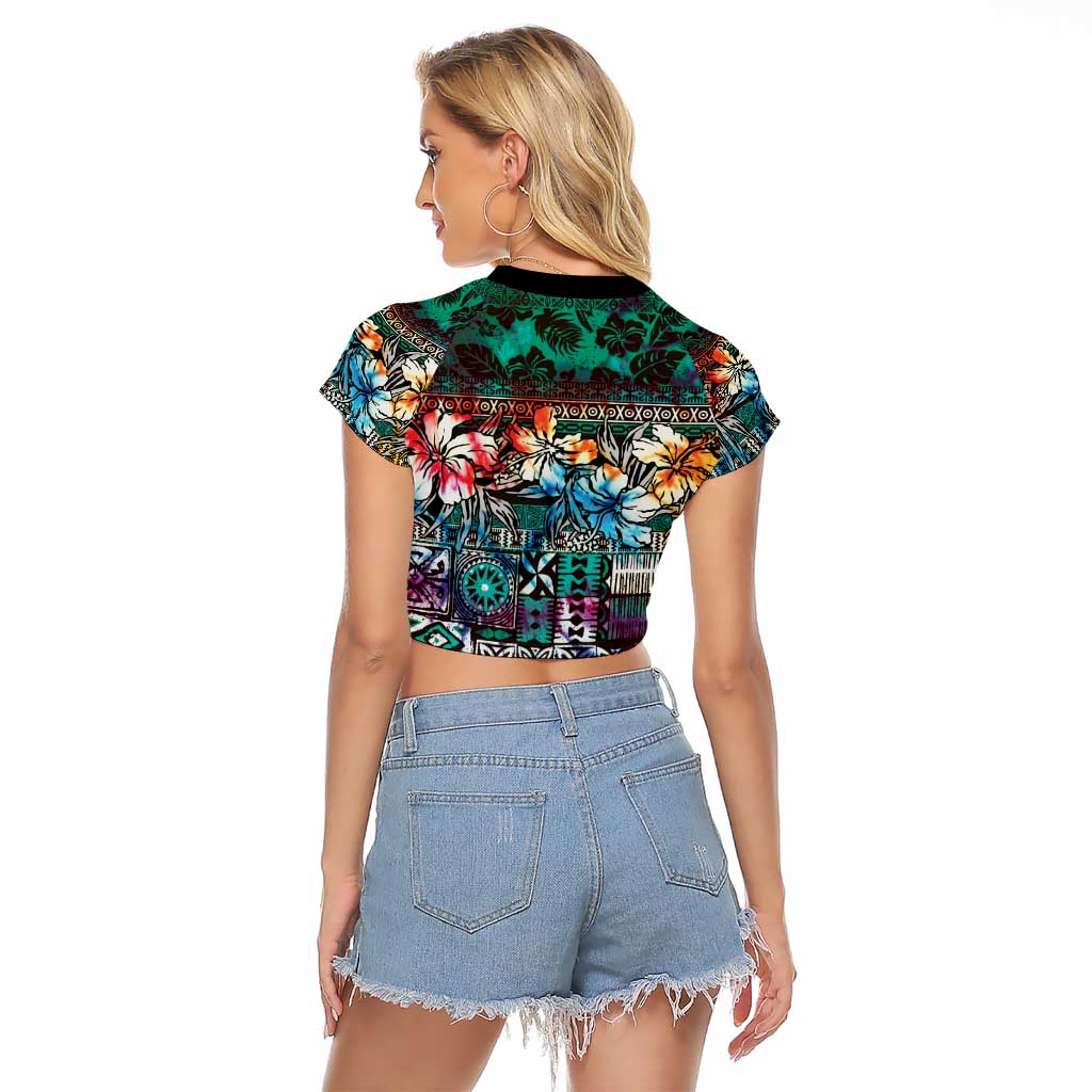 Pacific Hibiscus Tapa Tribal Vintage Raglan Cropped T Shirt Turquoise Motif