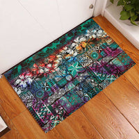 Pacific Hibiscus Tapa Tribal Vintage Rubber Doormat Turquoise Motif